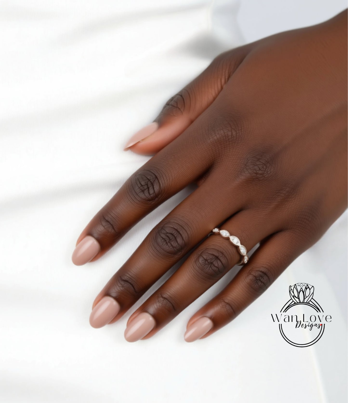 A close-up of a hand wearing a ring on the ring finger.