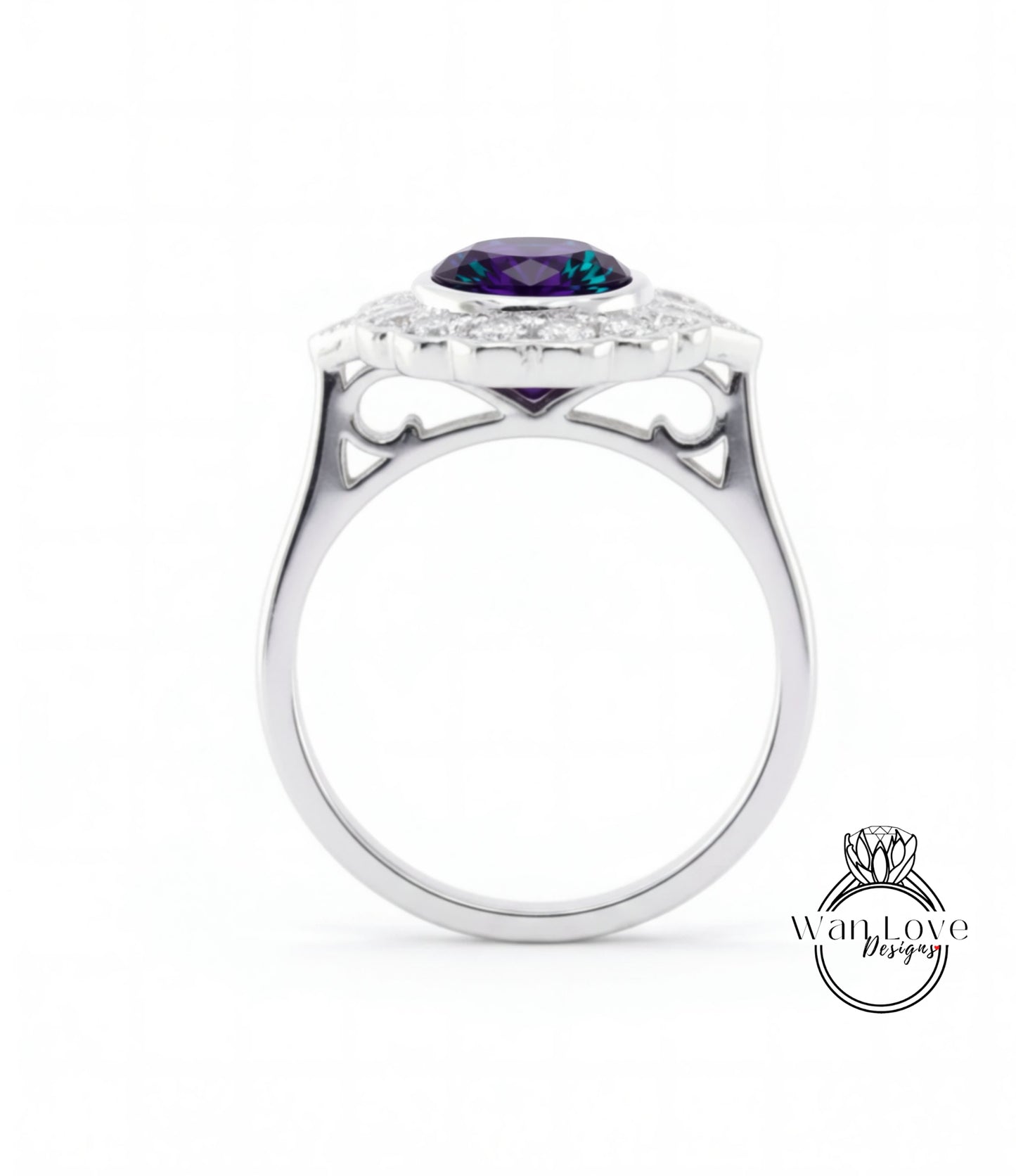 A silver ring with a large purple gemstone at the center, surrounded by smaller diamonds.