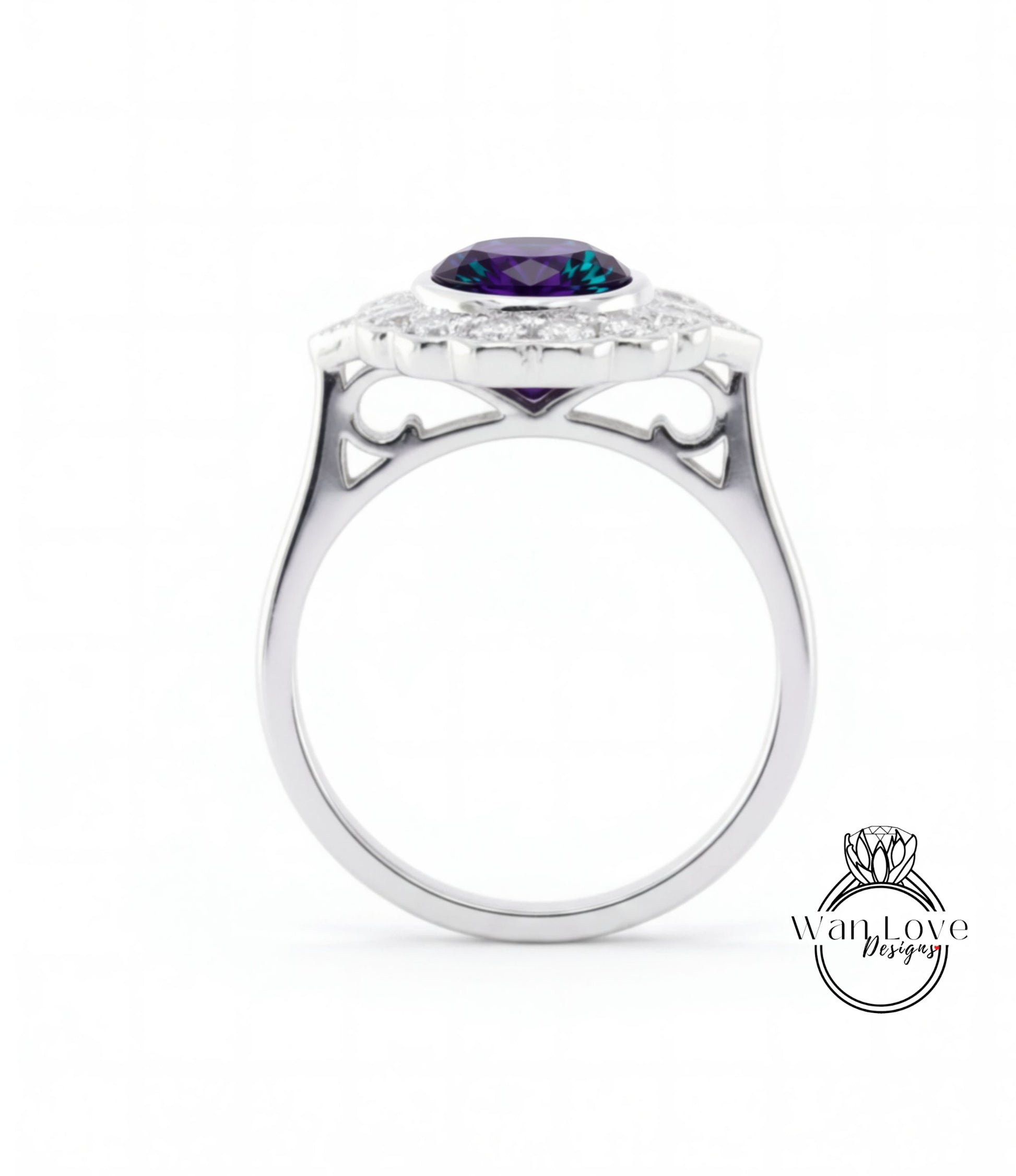 A silver ring with a large purple gemstone at the center, surrounded by smaller diamonds.