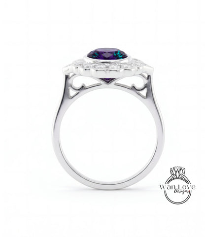 A silver ring with a large purple gemstone at the center, surrounded by smaller diamonds.