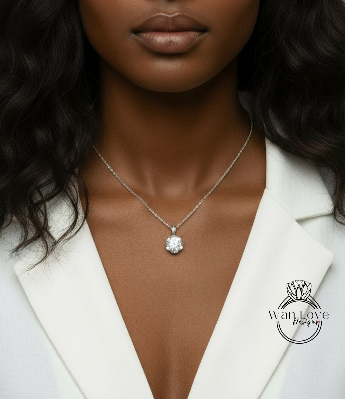 A close-up of a woman's neck and chest area, featuring a necklace with a large diamond pendant.