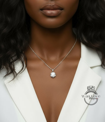 A close-up of a woman's neck and chest area, featuring a necklace with a large diamond pendant.