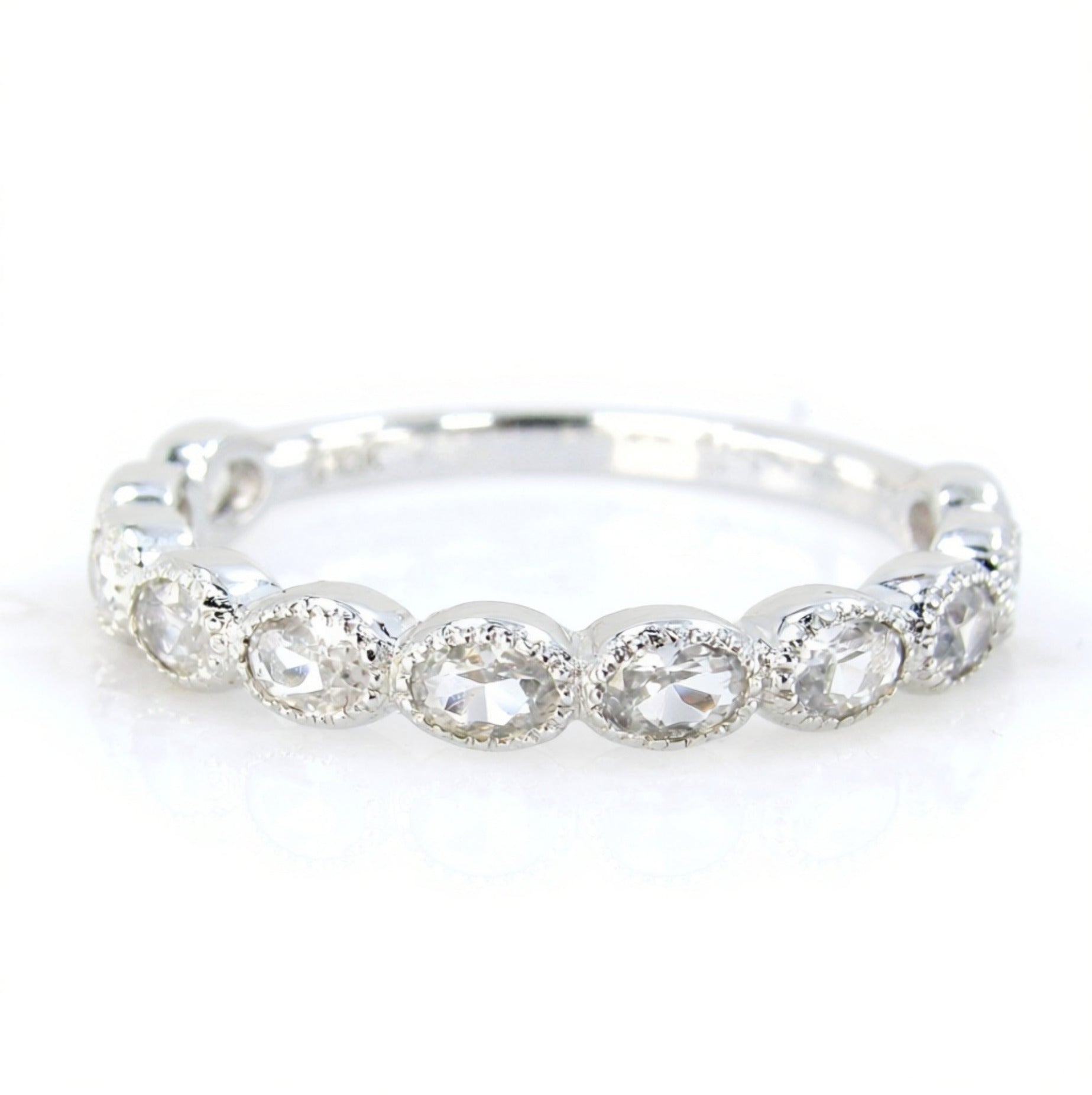 White Sapphire Oval Bezel Milgrain 3/4 Almost Eternity Stackable Wedding Band Ring White Gold Custom Engagement-Ready to Ship