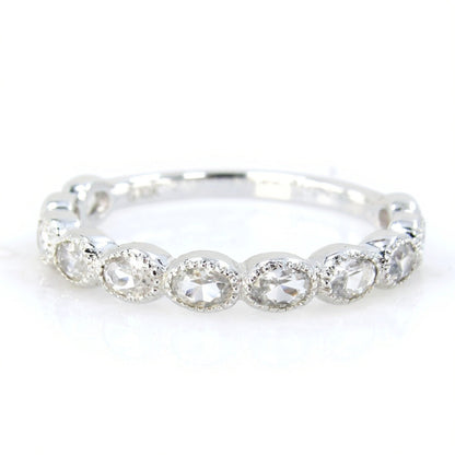 White Sapphire Oval Bezel Milgrain 3/4 Almost Eternity Stackable Wedding Band Ring White Gold Custom Engagement-Ready to Ship