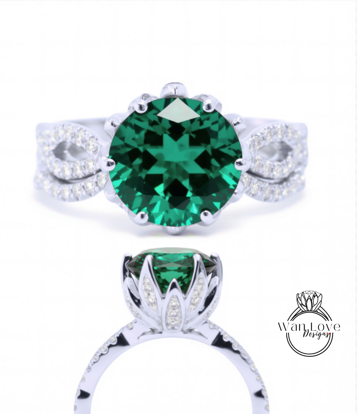A close-up view of a silver ring with a large, green gemstone at the center. The ring has a delicate floral design around the gemstone and is set with smaller diamonds.