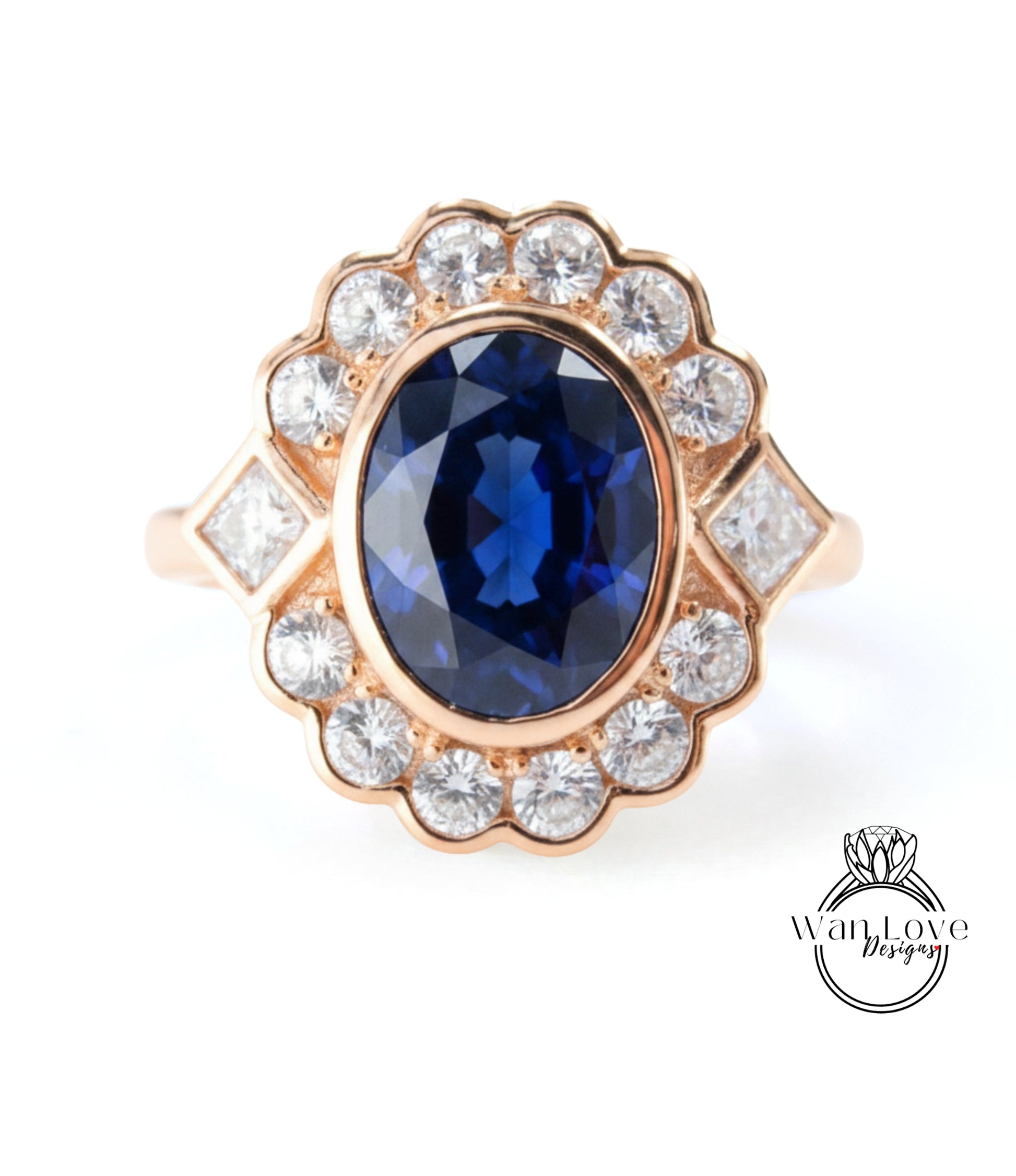 A gold ring with a large blue gemstone at the center, surrounded by smaller diamonds.