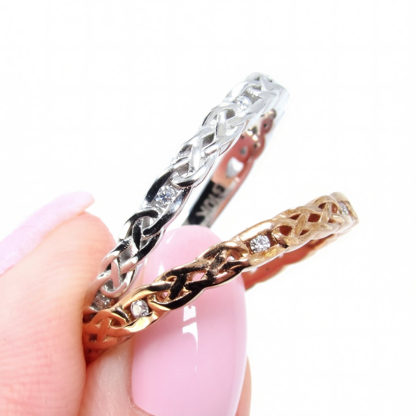 Moissanite Celtic Knot Braided Infinity Twist Split Shank womans Wedding Band Ring Rose or White Gold Custom Anniversary Gift Ready to Ship Wan Love Designs