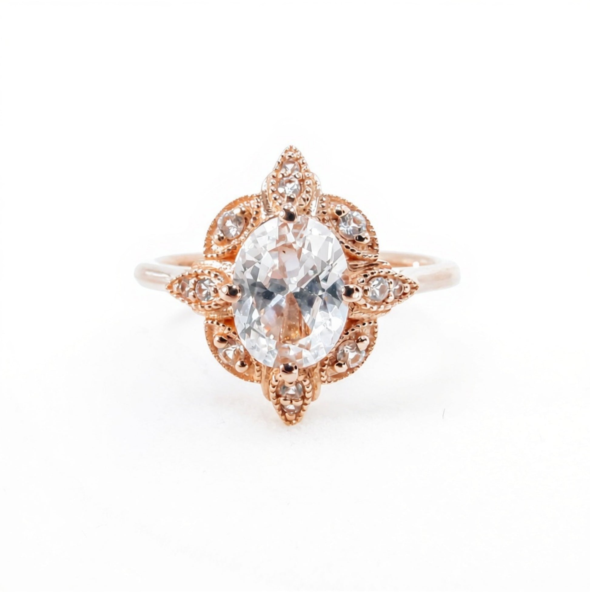 Antique oval shape White Sapphire engagement ring vintage rose gold milgrain ring oval cut diamond halo ring anniversary promise bridal ring Wan Love Designs