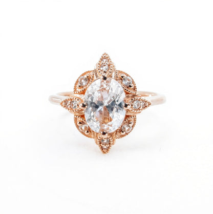 Antique oval shape White Sapphire engagement ring vintage rose gold milgrain ring oval cut diamond halo ring anniversary promise bridal ring Wan Love Designs