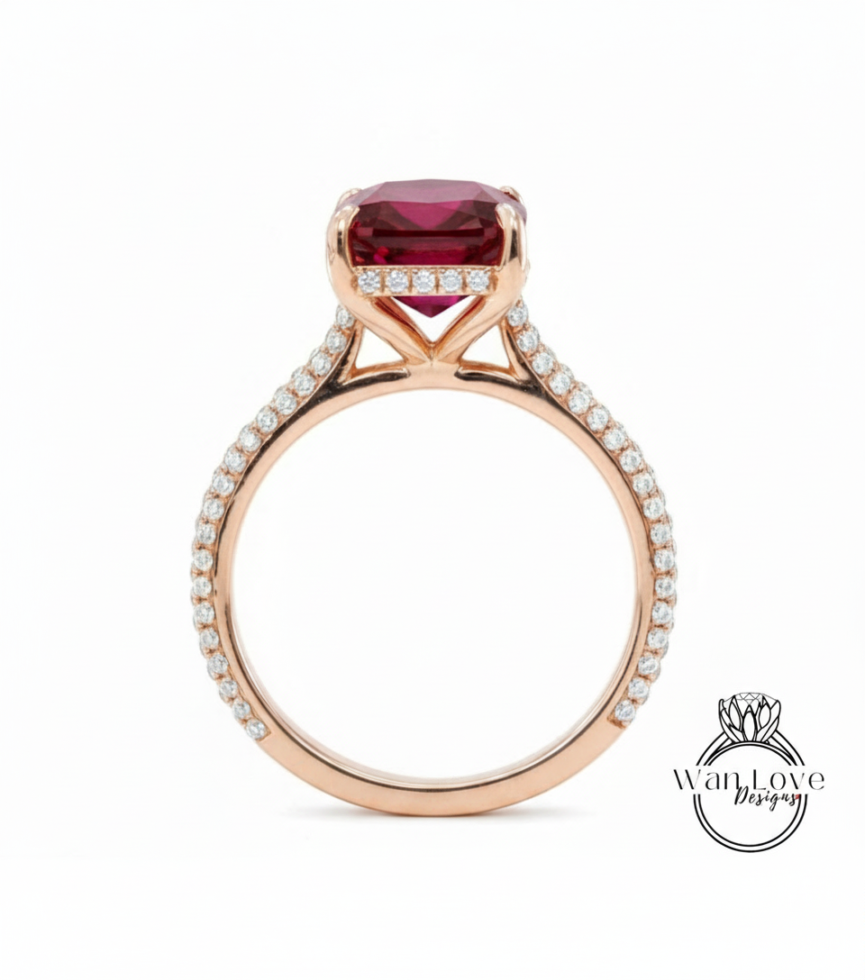 Anello di fidanzamento radiante con rubino e diamante smeraldo, set di fedi nuziali per l'eternità delle foglie, celebrità, personalizzato, regalo di anniversario, sposa