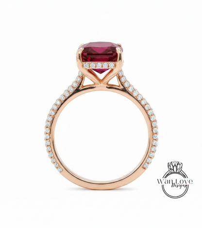 Anello di fidanzamento radiante con rubino e diamante smeraldo, set di fedi nuziali per l'eternità delle foglie, celebrità, personalizzato, regalo di anniversario, sposa