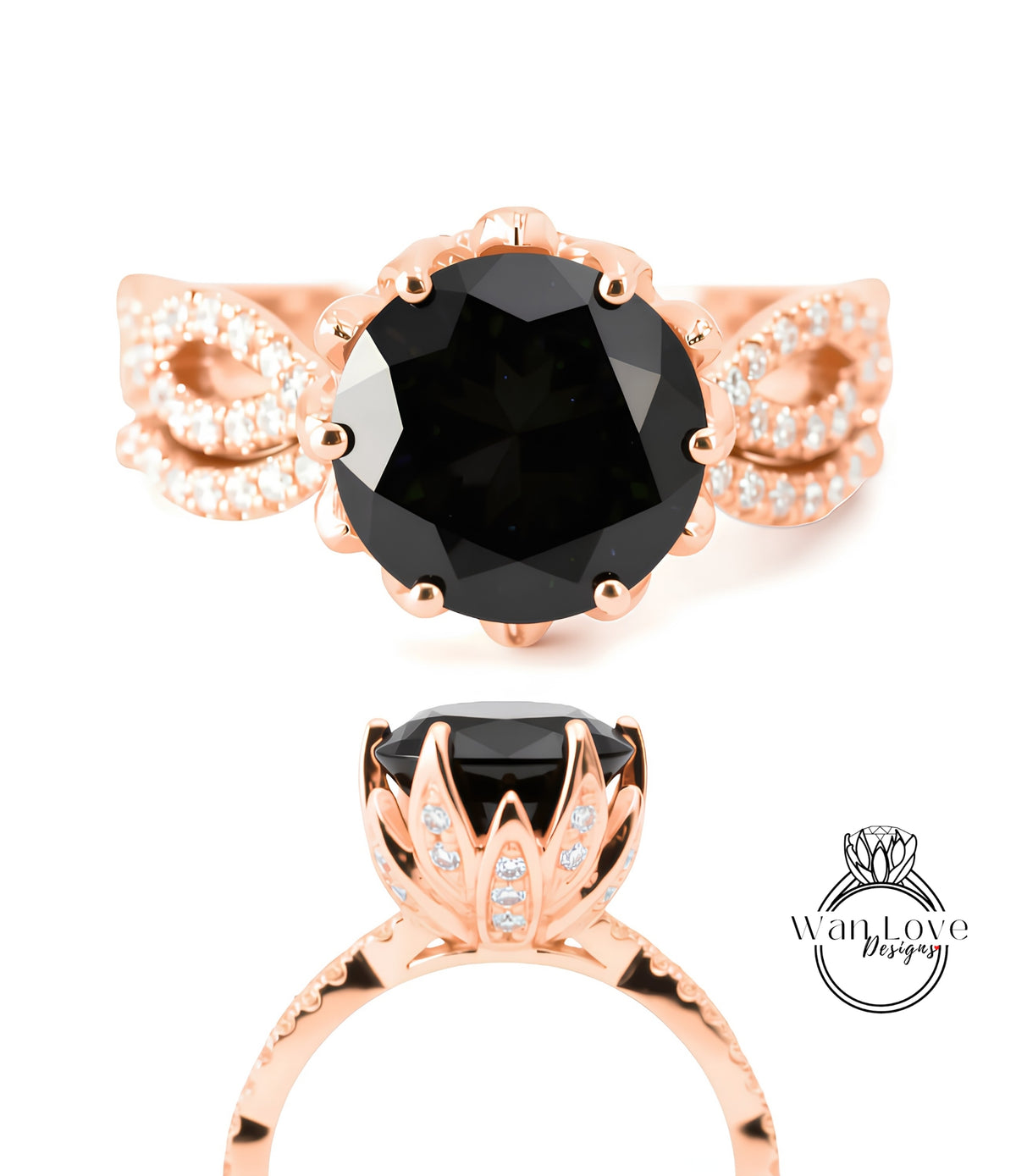 a rose gold ring with a large black gemstone, likely a diamond, as the centerpiece. The ring is adorned with a floral design and has a prominent rose gold band.