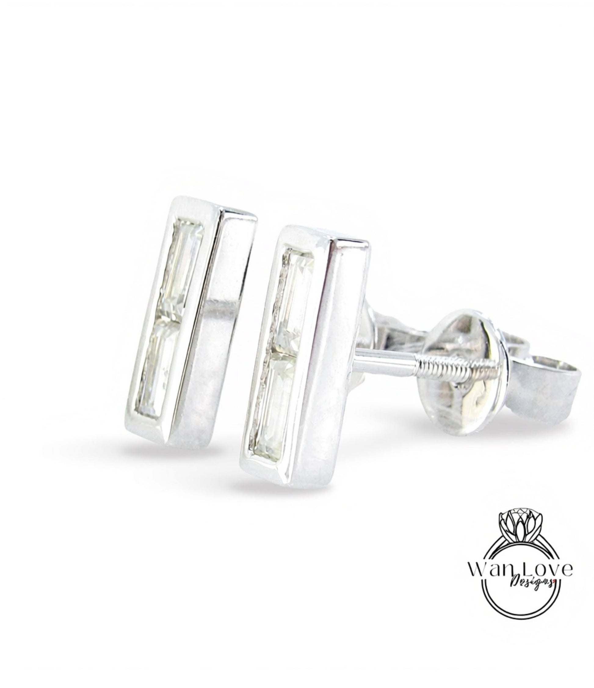 Moissanite Bar Earrings, Moissanite 2 gem stone Baguette cut Wedding Studs, White Gold Bezel Earrings, Gift for her, Ready to Ship Earrings Wan Love Designs