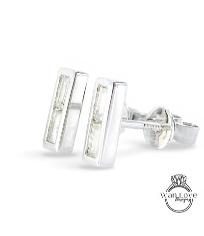 Moissanite Bar Earrings, Moissanite 2 gem stone Baguette cut Wedding Studs, White Gold Bezel Earrings, Gift for her, Ready to Ship Earrings Wan Love Designs