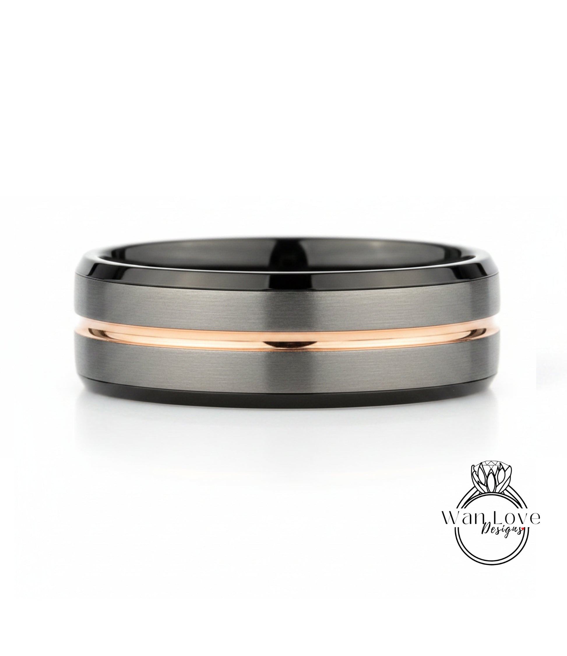 A silver and black ring with a thin gold stripe.