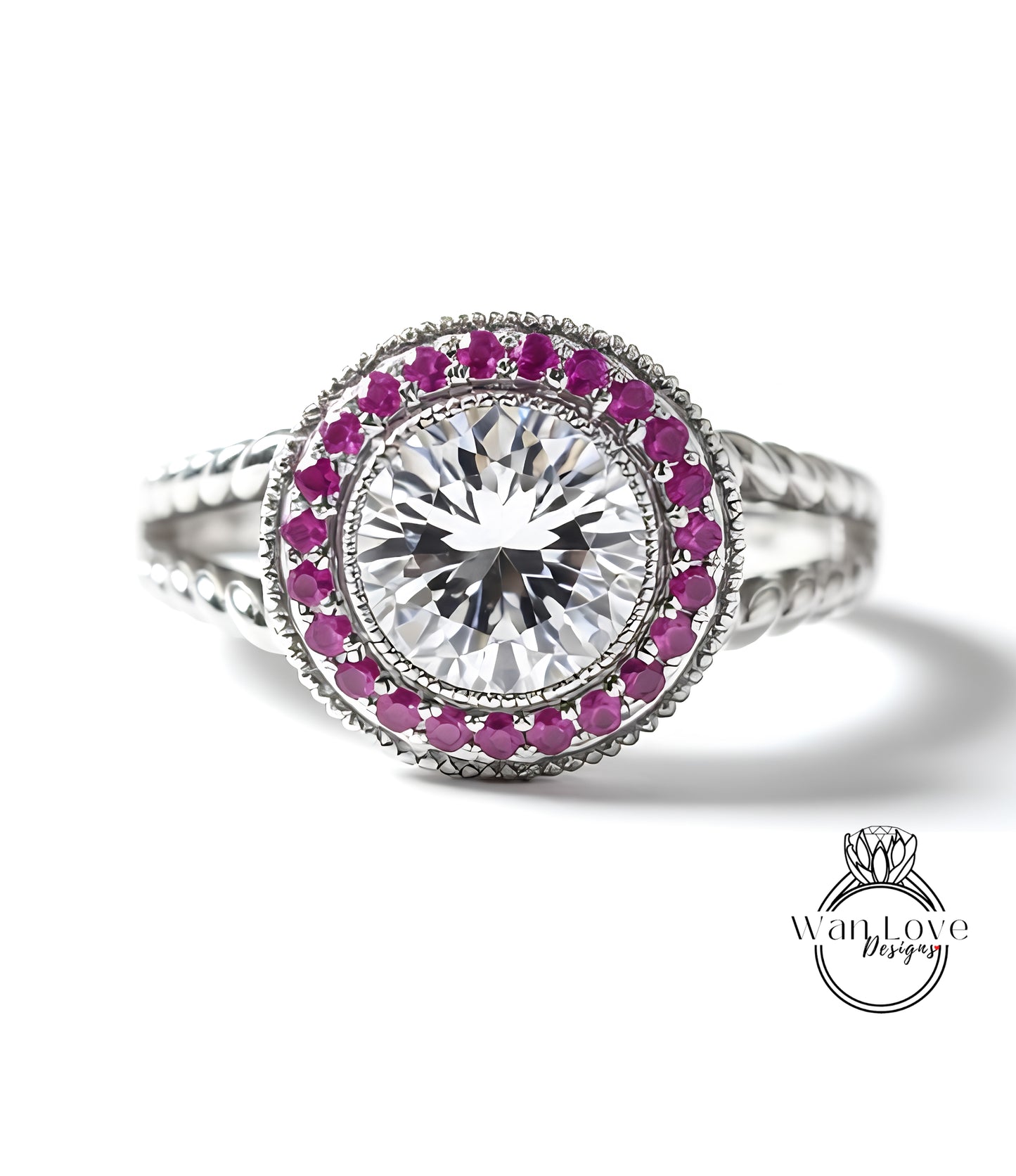 A close-up image of a diamond ring with a large central diamond surrounded by smaller diamonds and red gemstones.