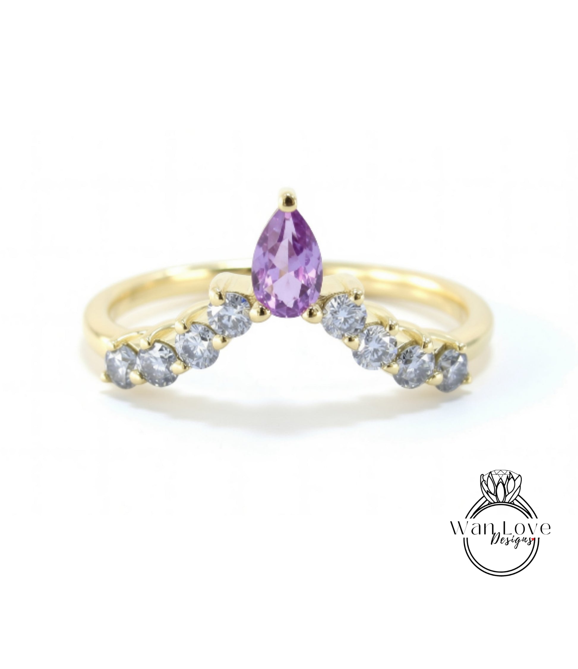 A gold ring with a large purple gemstone at the center, surrounded by smaller diamonds.