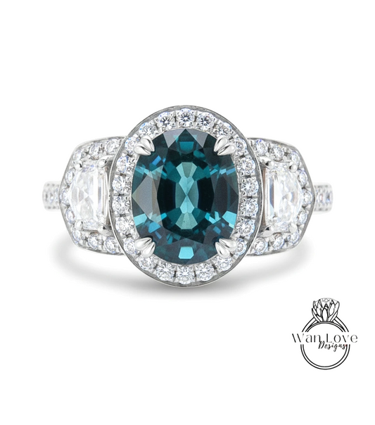 A stunning engagement ring with a large oval-shaped blue gemstone surrounded by a halo of smaller diamonds, set in a silver band.