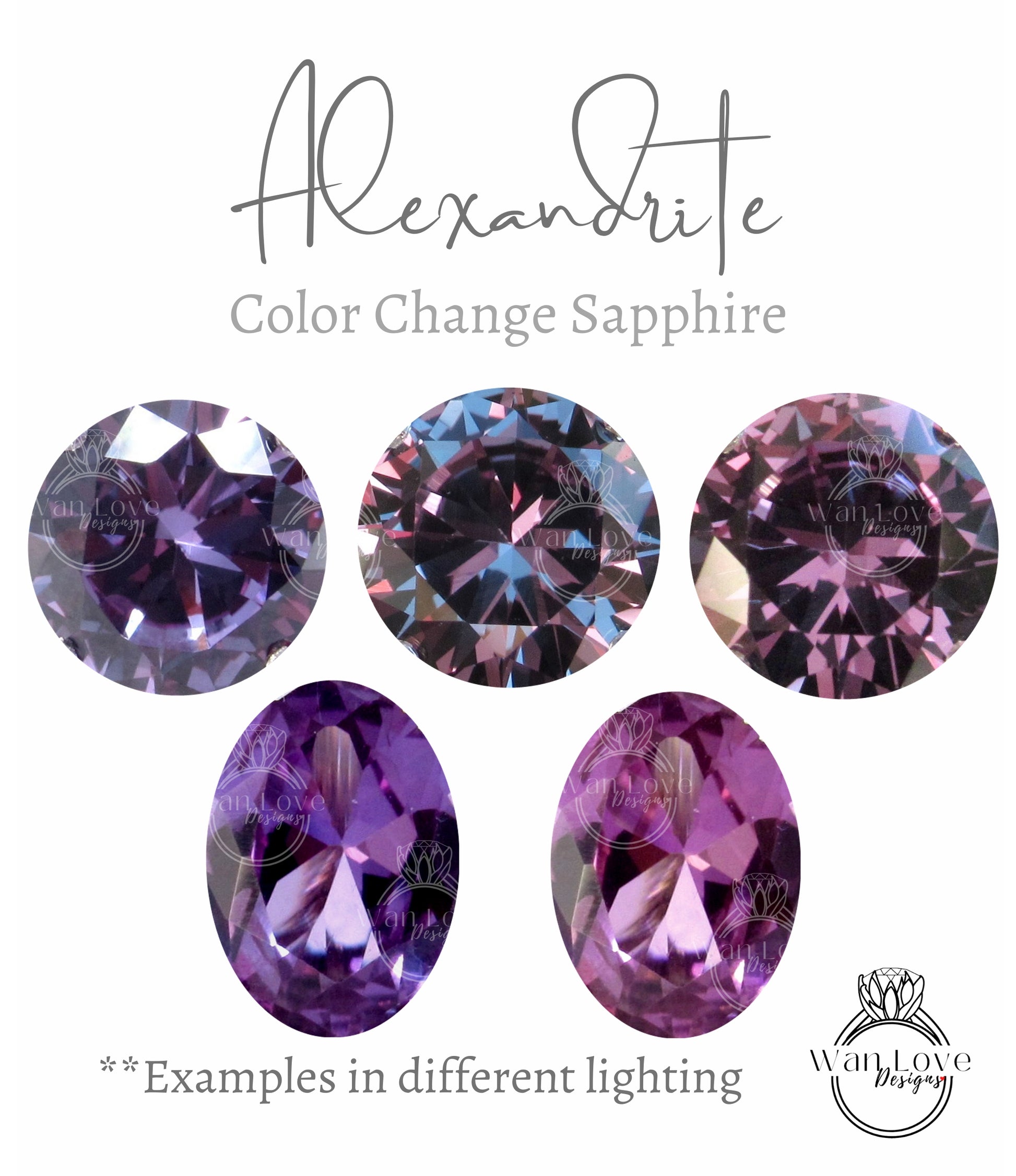 three different color change sapphires are shown