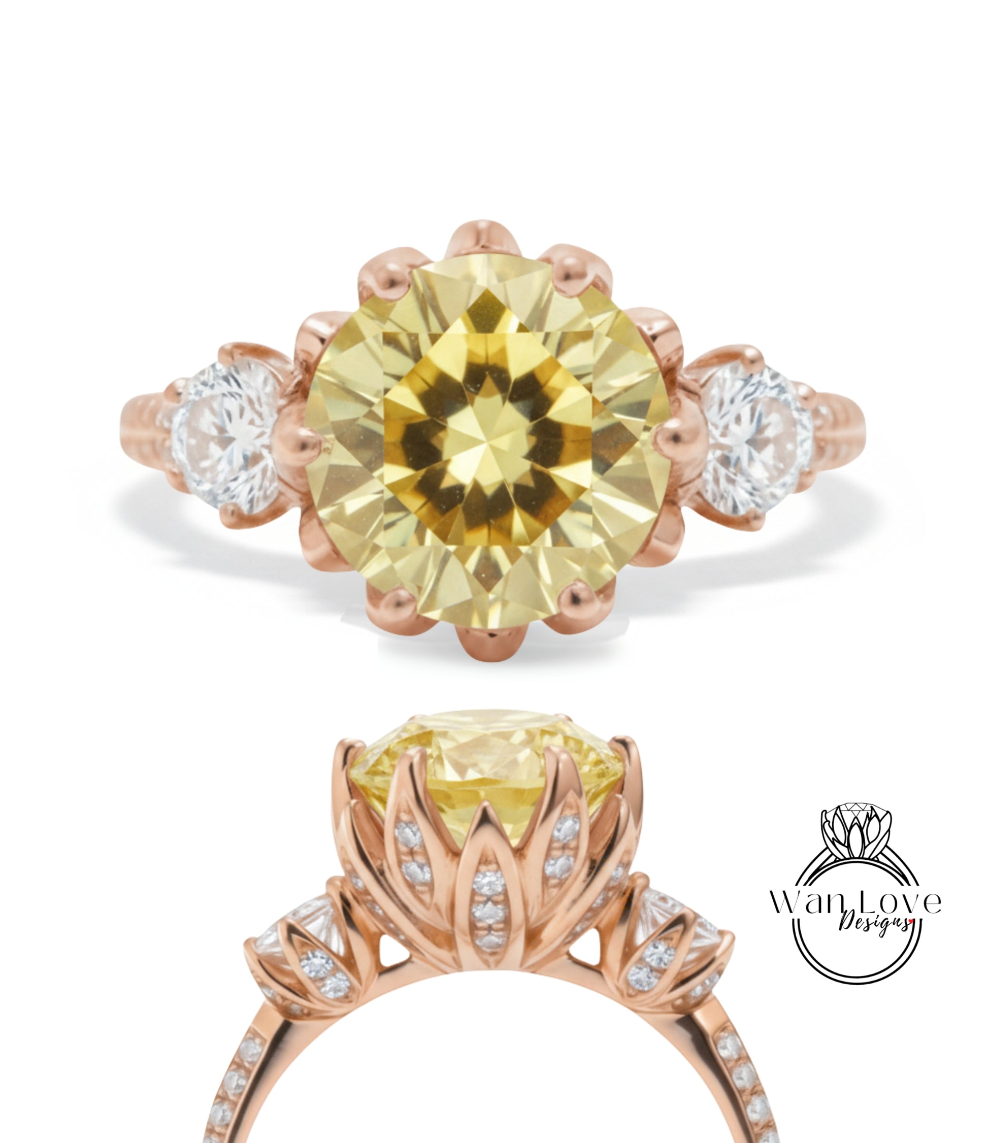 a beautiful yellow diamond ring with a large central diamond surrounded by smaller diamonds on either side. The ring is set in a rose gold band, and the overall design is elegant and eye-catching.