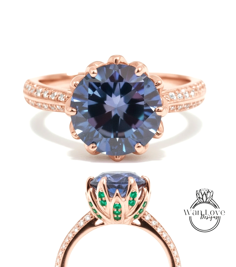 a beautiful rose gold ring with a large blue gemstone at the center, surrounded by smaller diamonds. The ring has a delicate floral design and is adorned with green gemstones.