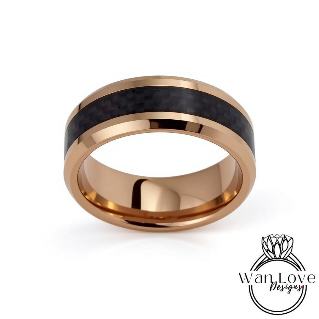 Rose Gold Wedding Band Mens Tungsten Wedding Ring, 8mm Black Carbon Fiber Band, Mens Engagement Ring, Male Promise Ring, Modern Black Ring Wan Love Designs