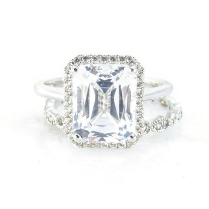 White Sapphire Emerald Halo Engagement Ring Dainty emerald cut halo vintage ring Milgrain Leaf Wedding Band Set 4ct bridal ring set-Ready