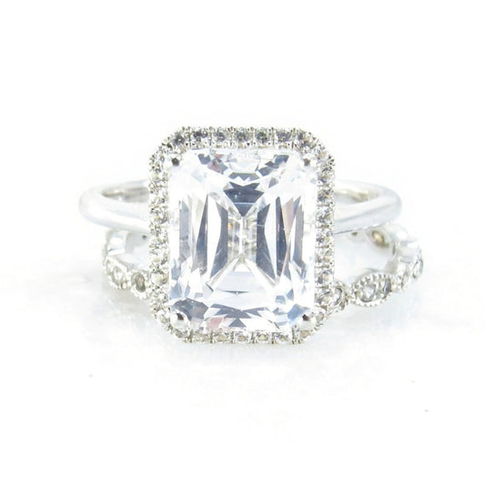 White Sapphire Emerald Halo Engagement Ring Dainty emerald cut halo vintage ring Milgrain Leaf Wedding Band Set 4ct bridal ring set-Ready