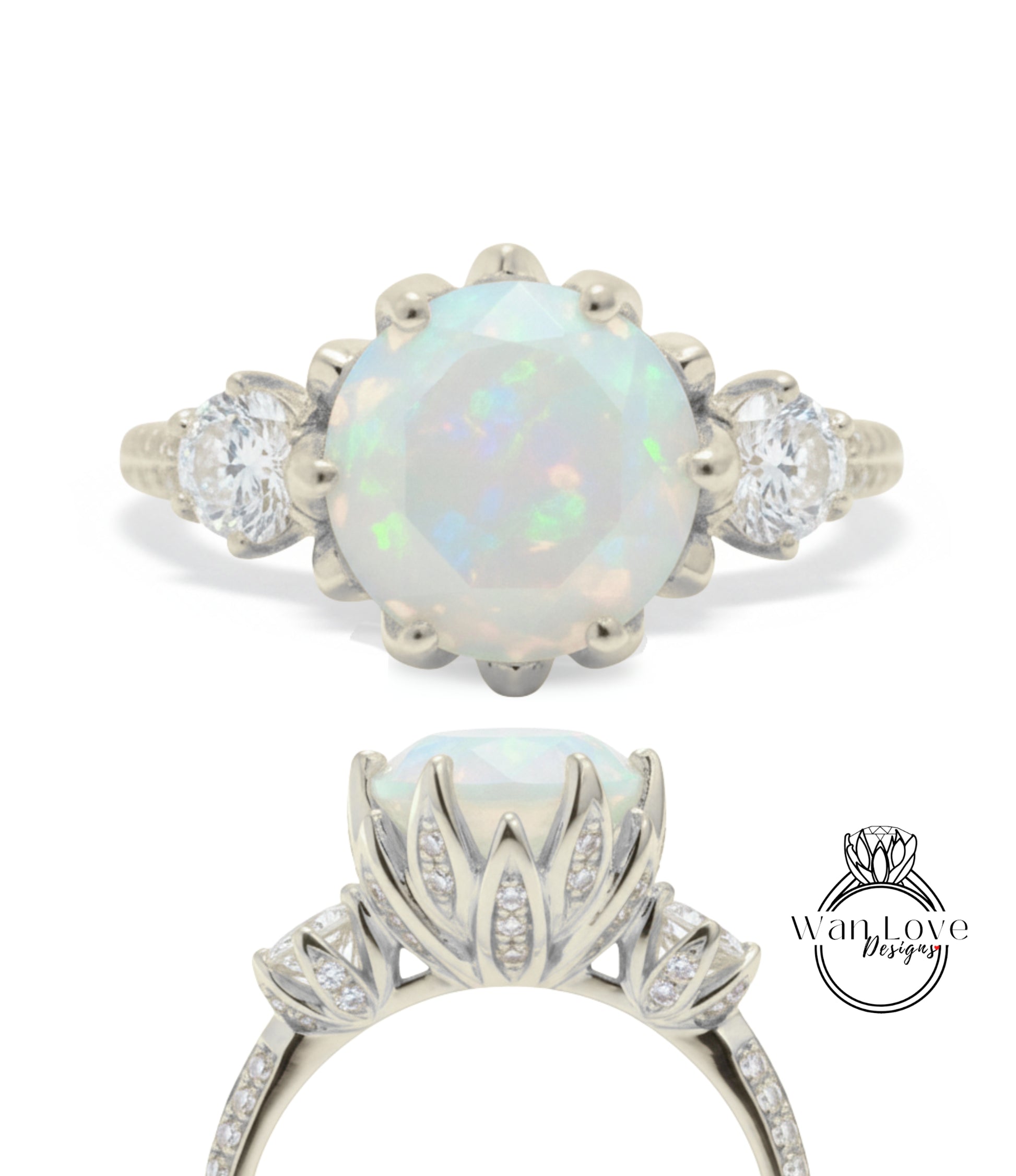 A close-up view of a diamond engagement ring with a large opal gemstone set in a silver band.