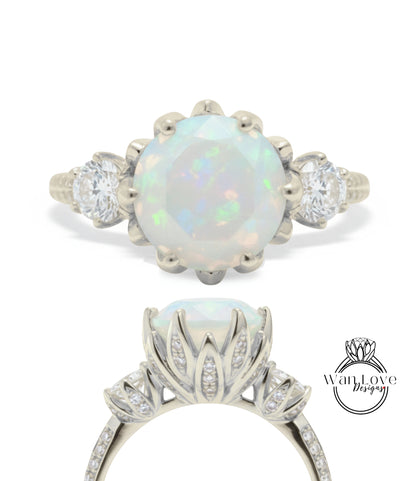 A close-up view of a diamond engagement ring with a large opal gemstone set in a silver band.
