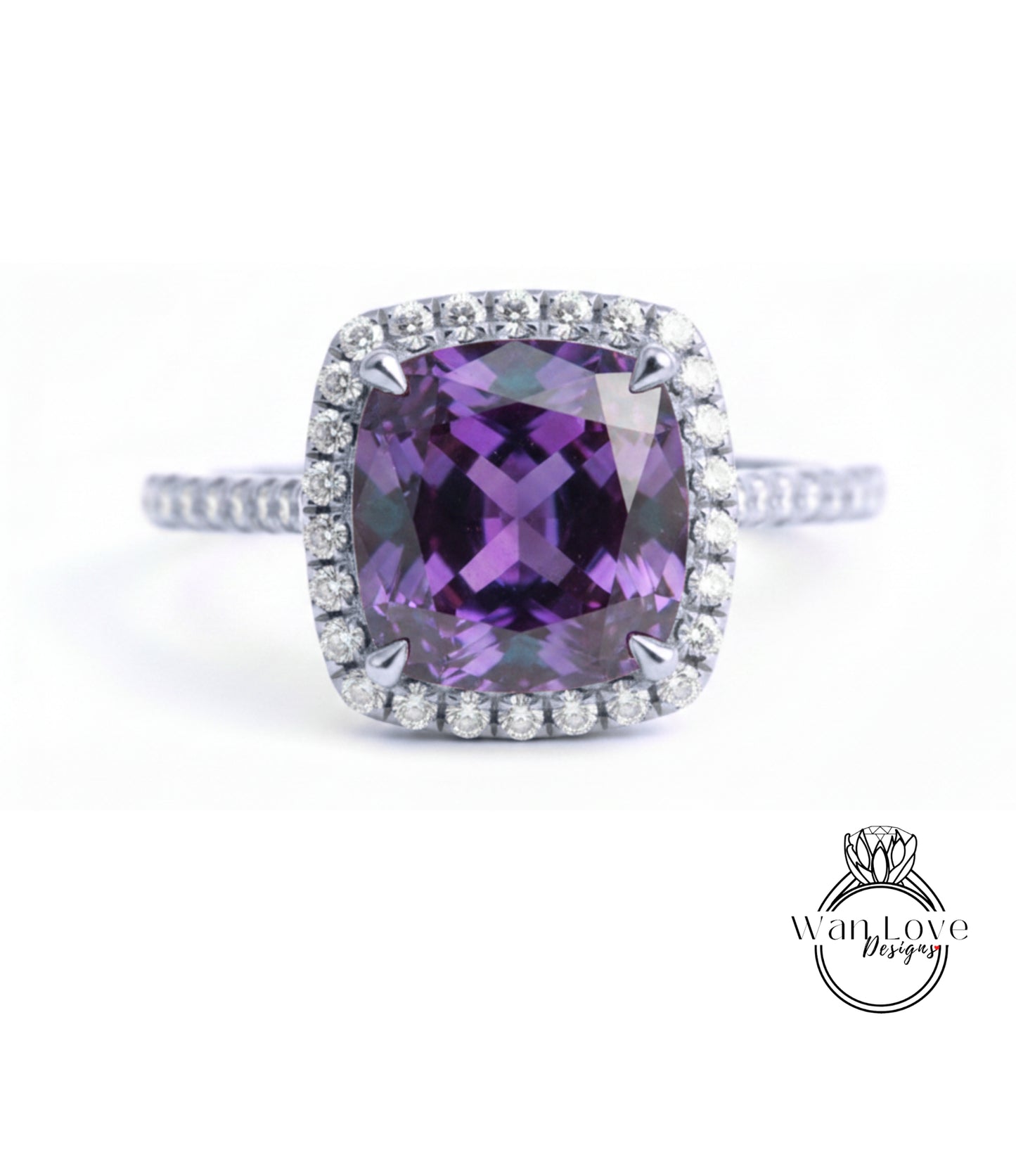 A stunning ring featuring a large, deep purple gemstone surrounded by a halo of sparkling diamonds.