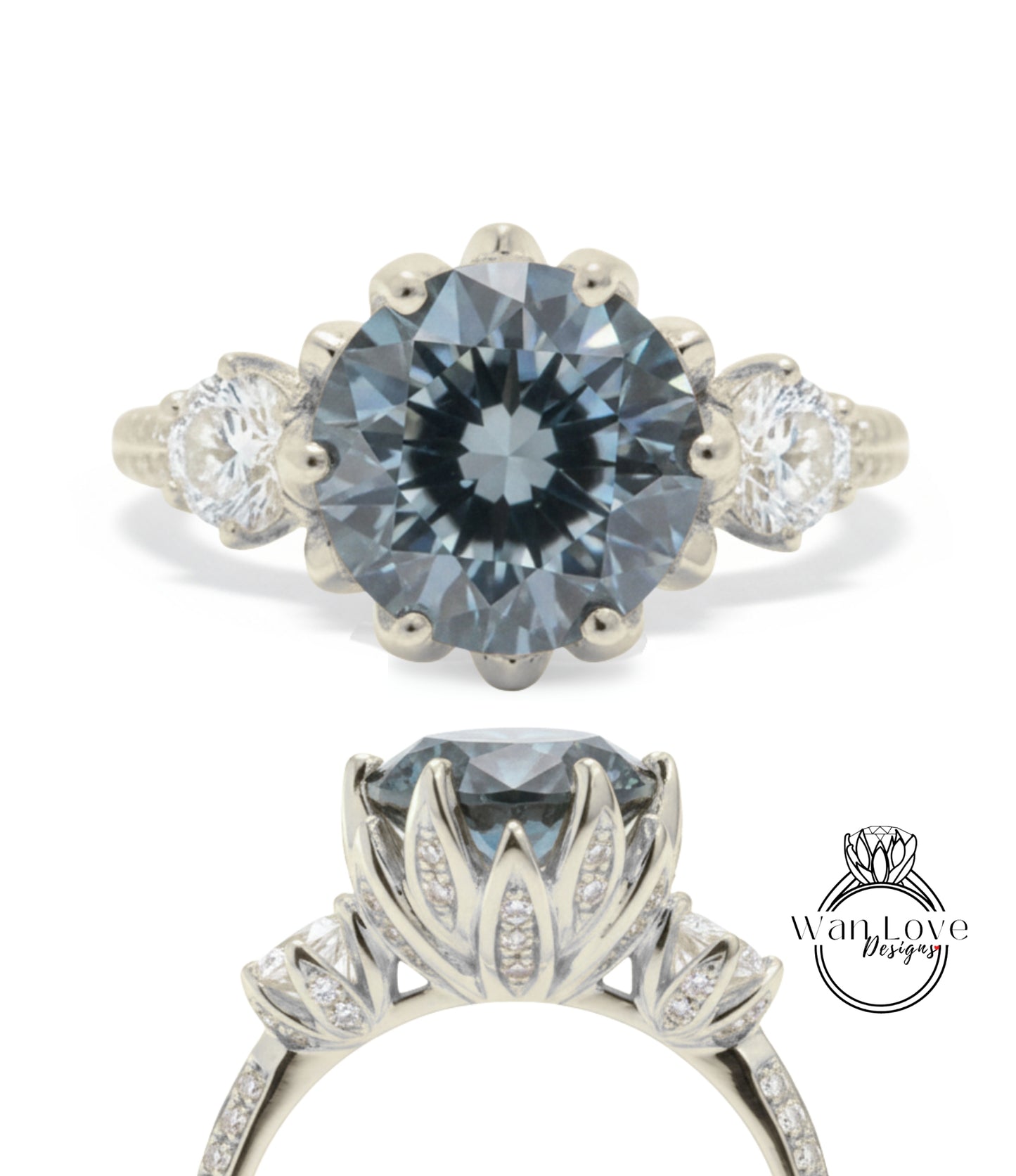 A silver engagement ring with a large blue gemstone, surrounded by smaller diamonds.