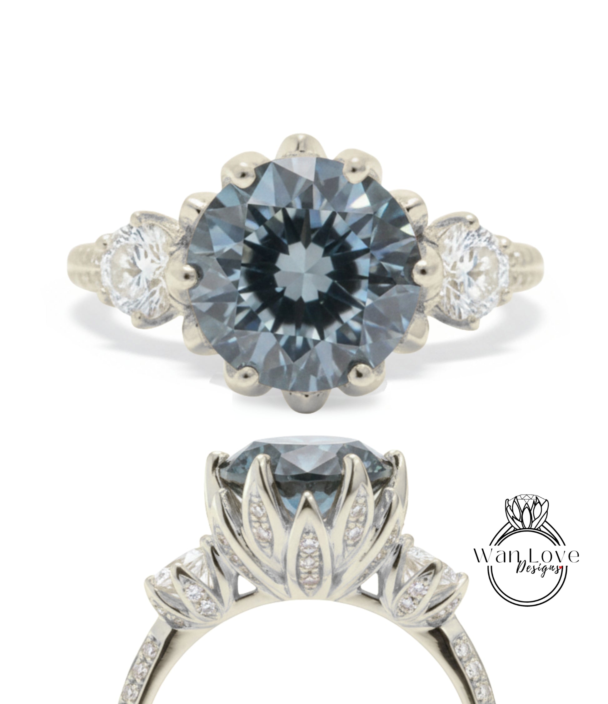 A silver engagement ring with a large blue gemstone, surrounded by smaller diamonds.