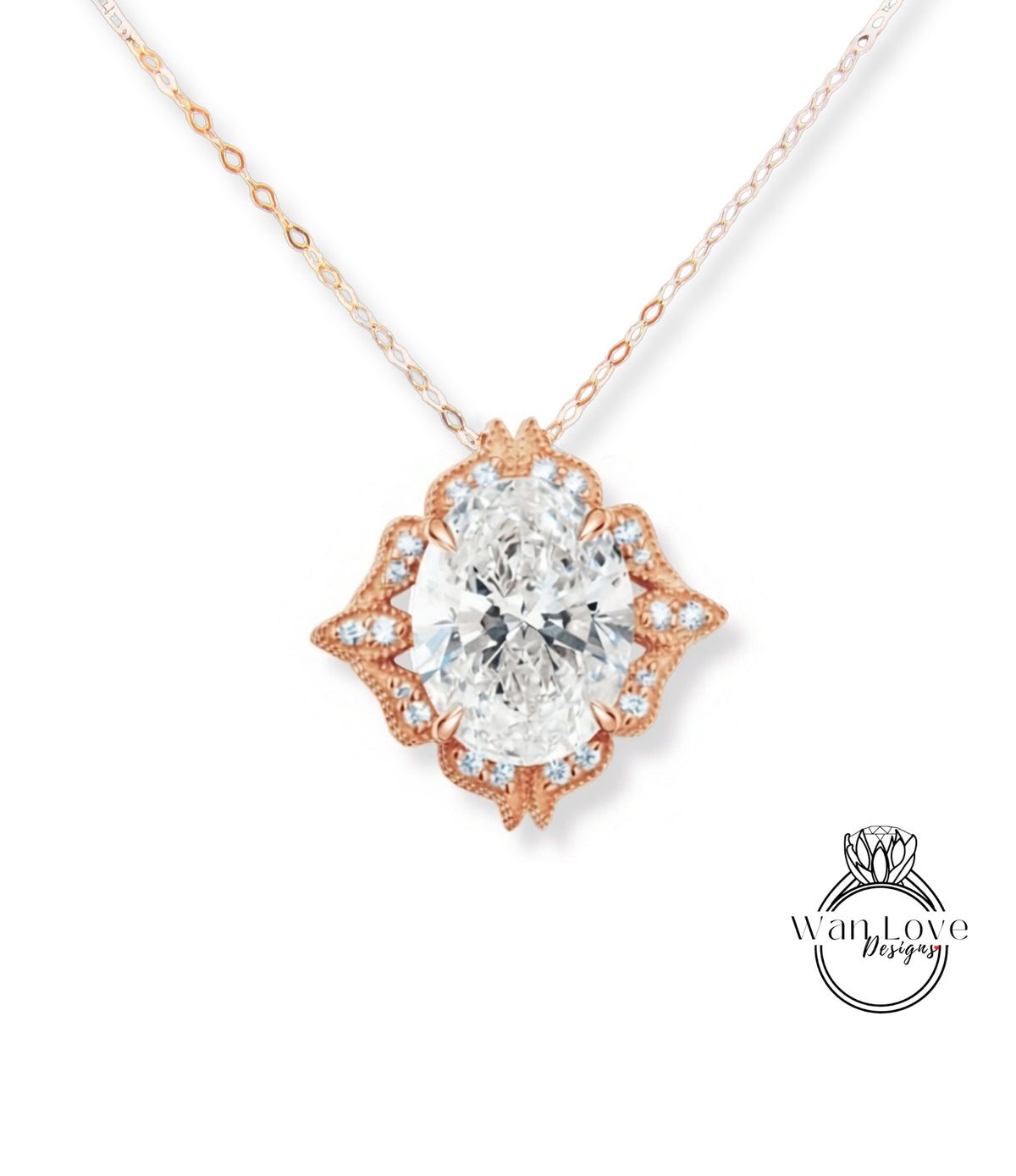 A necklace with a large oval-shaped diamond as the centerpiece, surrounded by a decorative floral design.