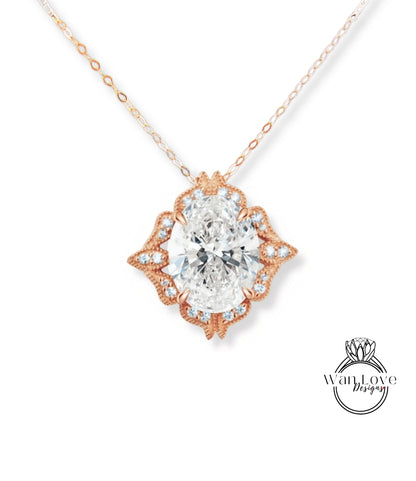 A necklace with a large oval-shaped diamond as the centerpiece, surrounded by a decorative floral design.