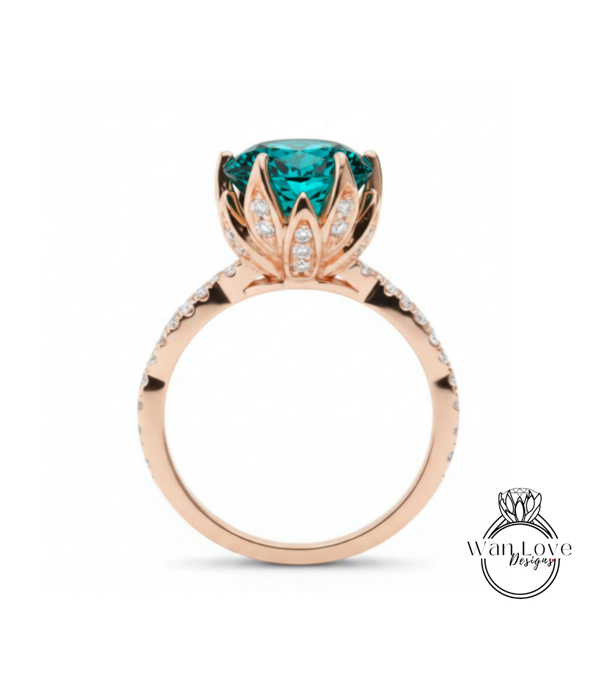 A rose gold ring with a large, turquoise-colored gemstone, likely a diamond, set in a decorative flower-like design.