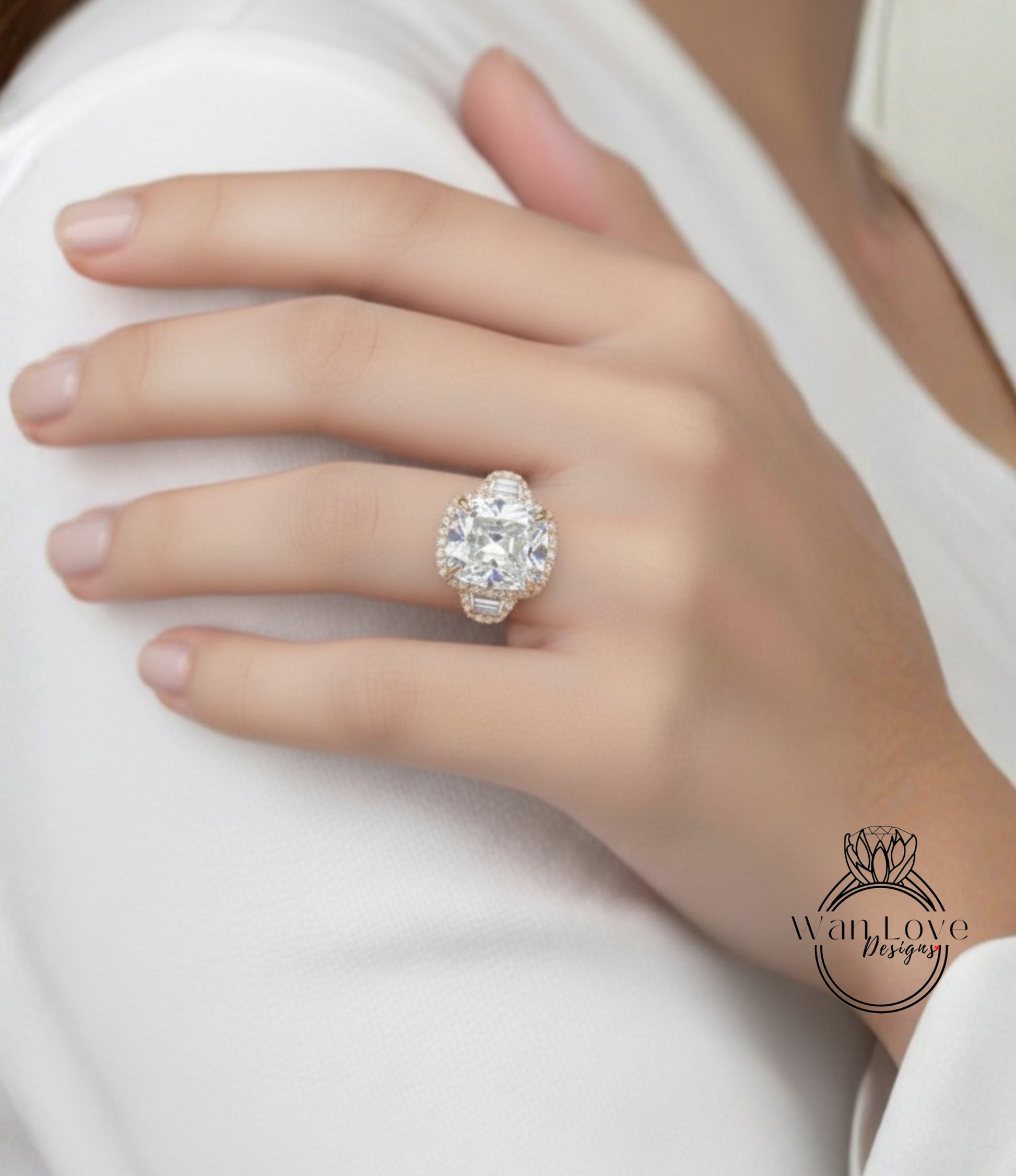 A close-up of a person's hand wearing a large, ornate diamond ring.