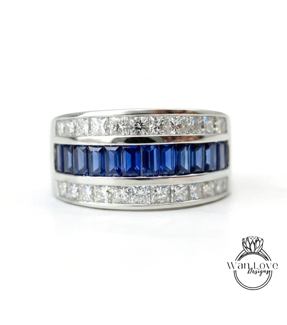 Blue Sapphire Moissanite Channel set Baguette Princess Wedding Band-Mens Ring-Custom-Engagement-Mans-Wedding-Anniversary Gift-Commitment