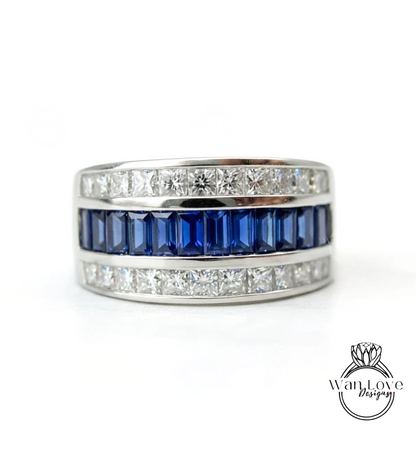 Blue Sapphire Moissanite Channel set Baguette Princess Wedding Band-Mens Ring-Custom-Engagement-Mans-Wedding-Anniversary Gift-Commitment