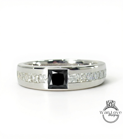 Men's Blue Sapphire Wedding Princess Cut Mens Wedding Band, Solid Gold 10/14k/18k Wedding Ring, Moissanite Wedding Ring, His Wedding Band