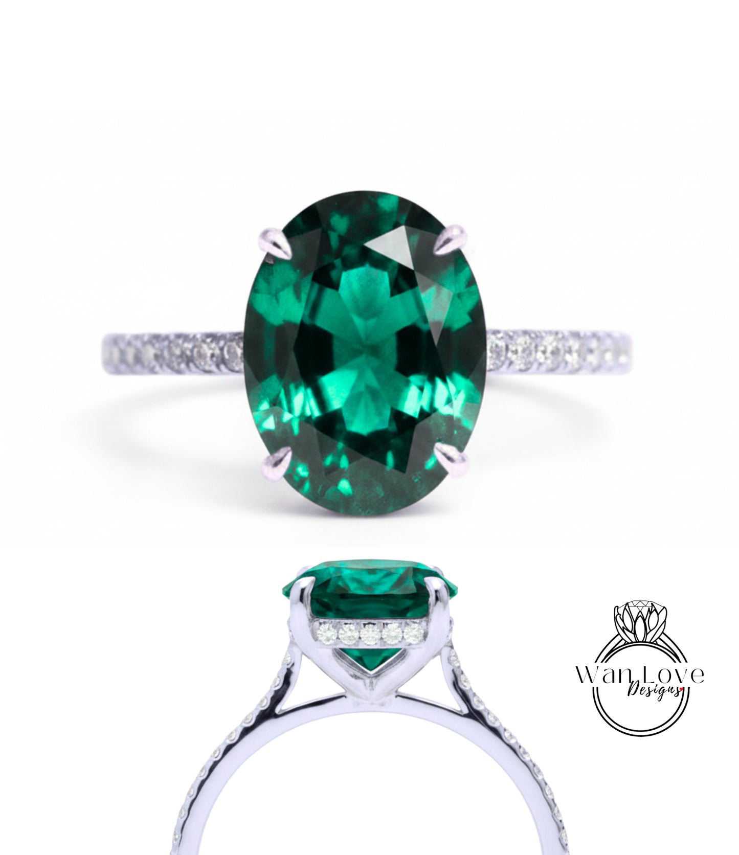 A large oval-shaped green gemstone set in a silver ring with a small diamond accent.