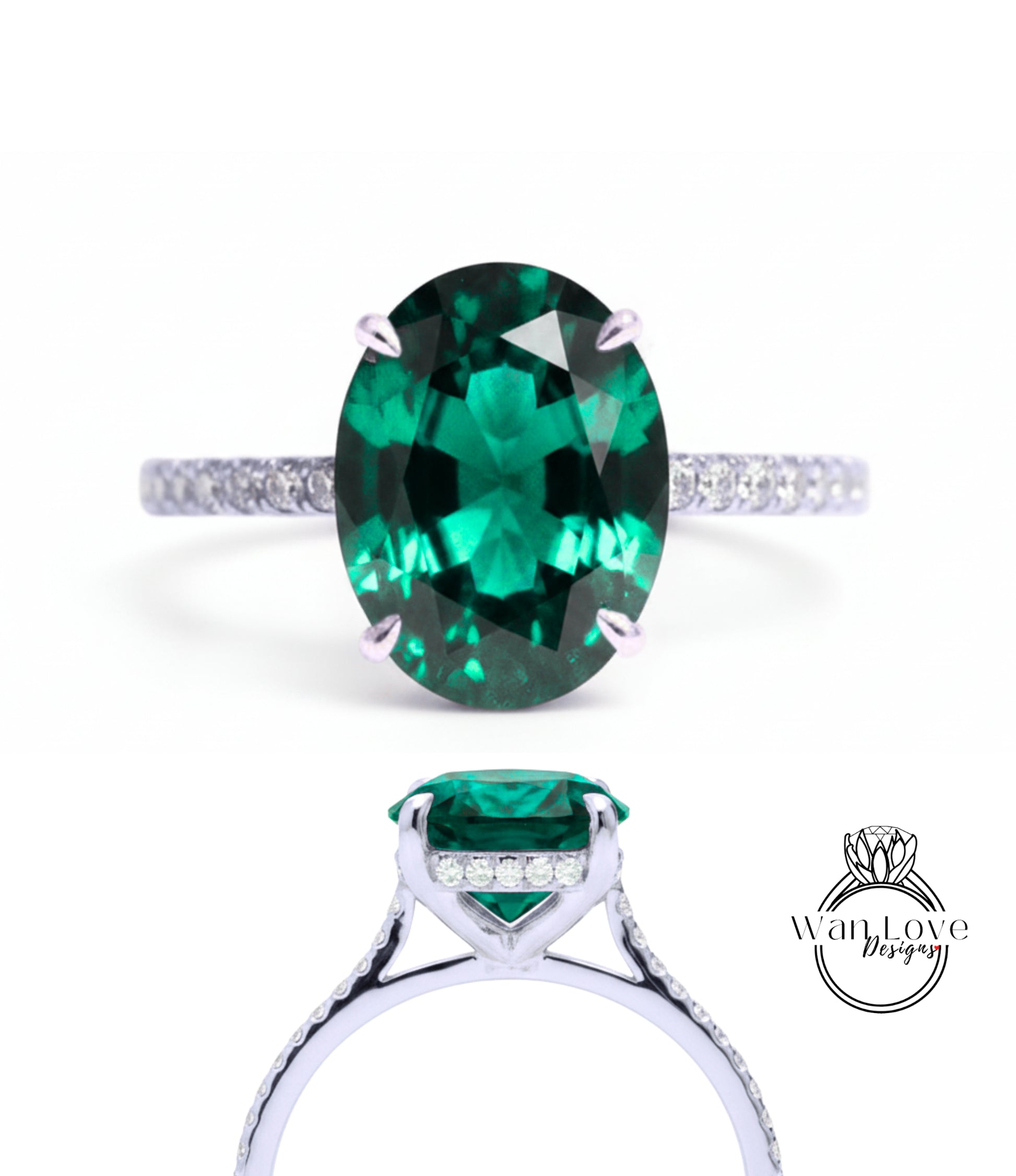 A large oval-shaped green gemstone set in a silver ring with a small diamond accent.