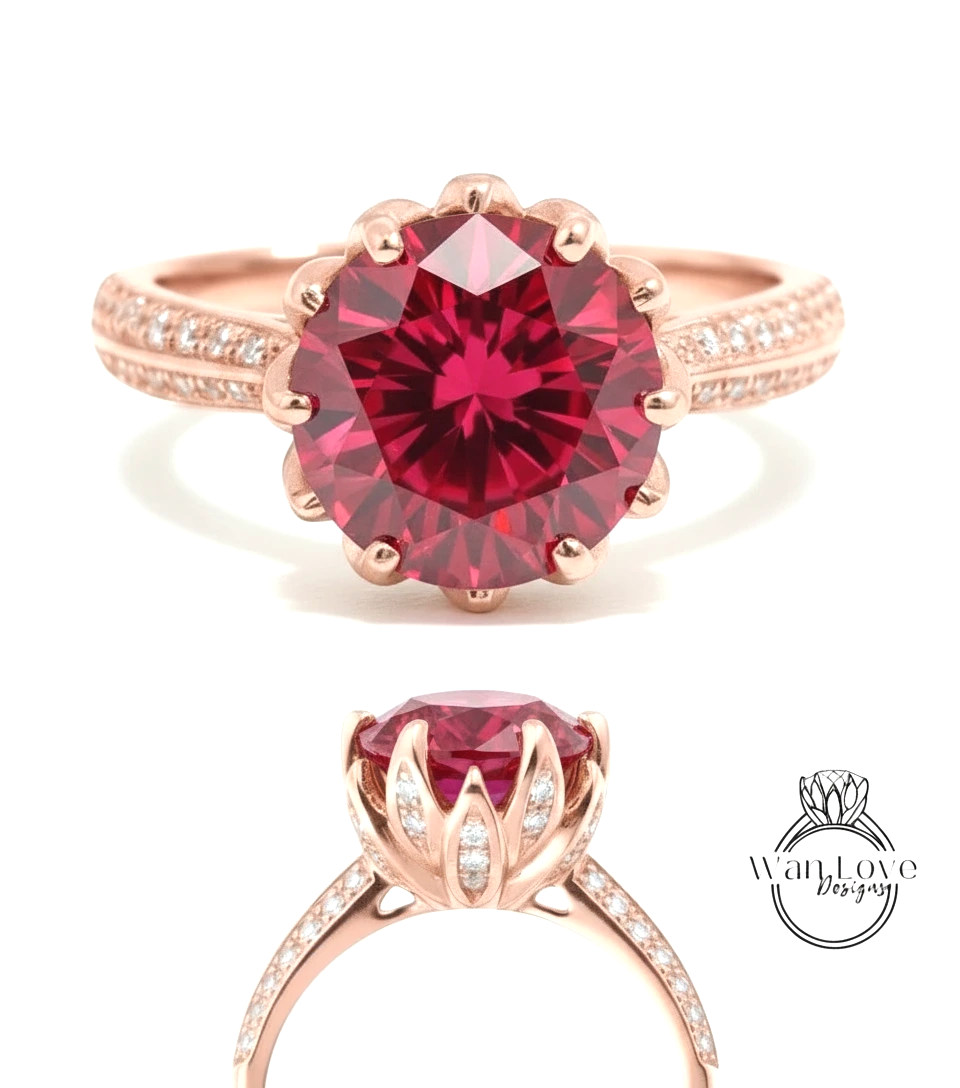 a stunning rose gold ring with a large, vibrant red gemstone at its center. The ring is adorned with small diamonds around the band, adding to its elegance and sophistication. The image showcases the ring from various angles, highlighting its intricate design and the way it catches the light.