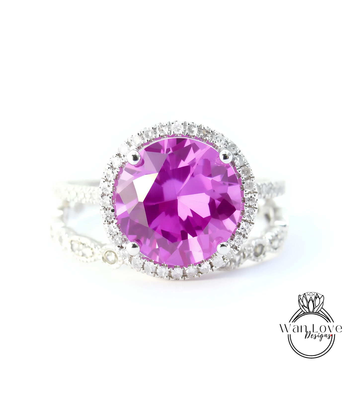 A close-up image of a ring with a large, bright pink gemstone set in a halo of smaller diamonds.