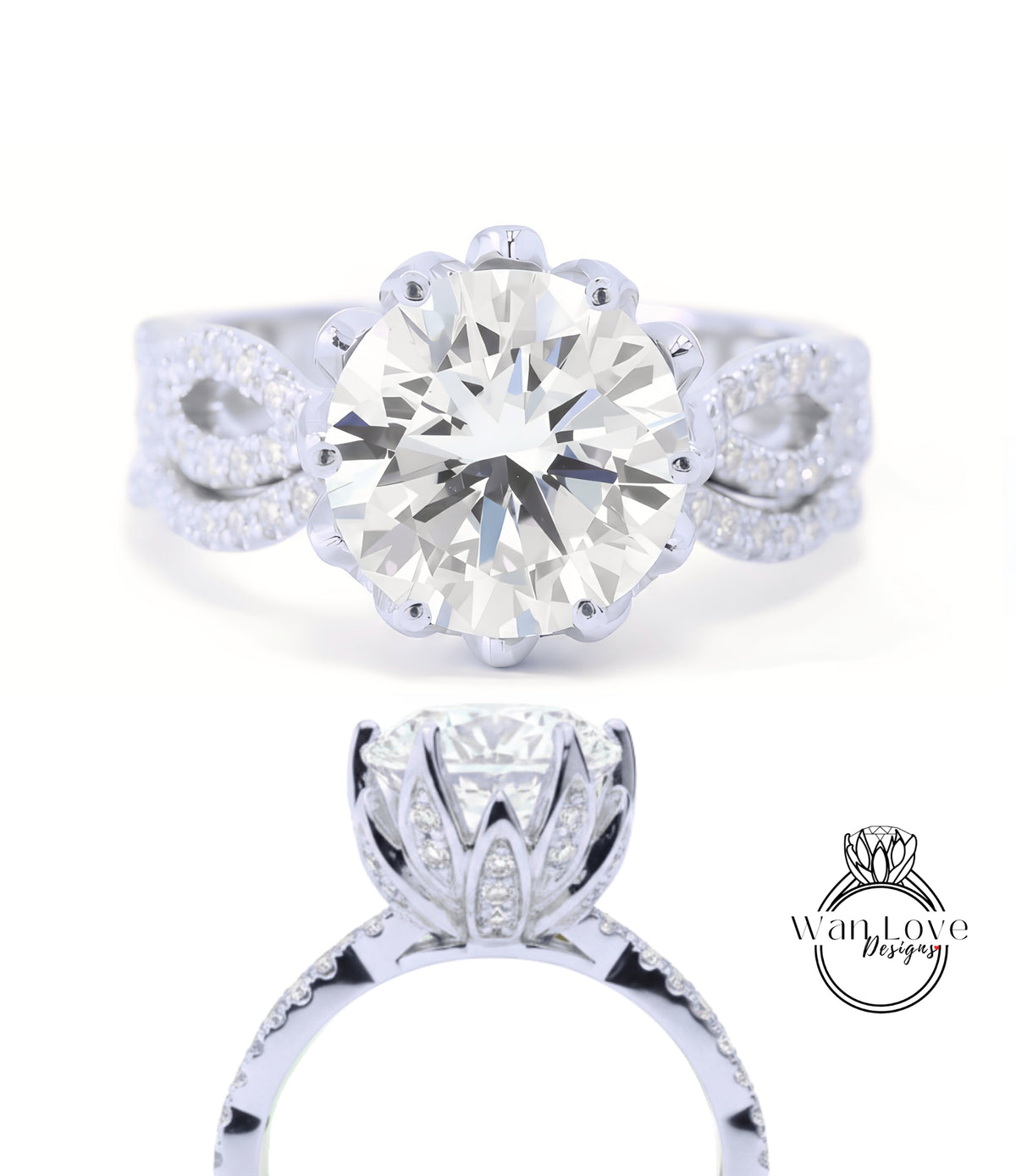 A stunning diamond engagement ring with a large round brilliant cut diamond set in a silver band adorned with smaller diamonds. The ring is designed with a large central diamond surrounded by smaller diamonds on either side, creating a beautiful floral-inspired design.