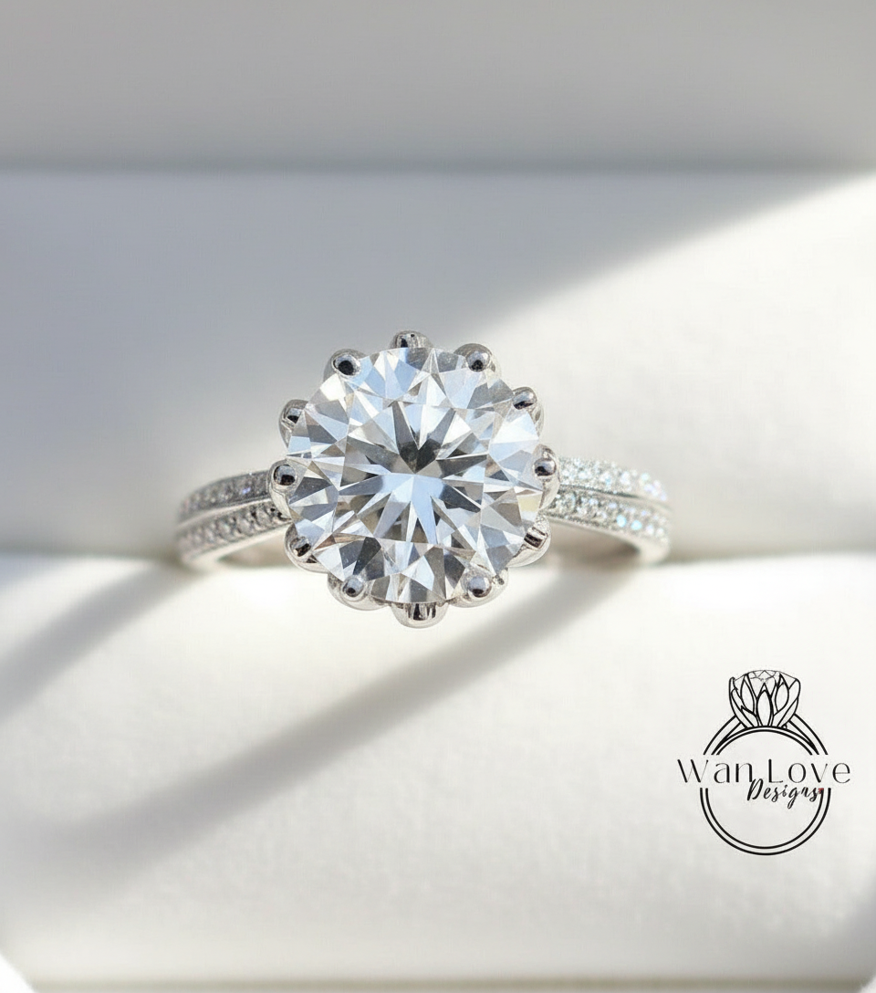 Lotus Flower Diamond & White Sapphire Engagement Ring, 2ct-8mm, 14k 18k White Yellow Rose Gold-Platinum-Custom made size-Wedding-Anniversary