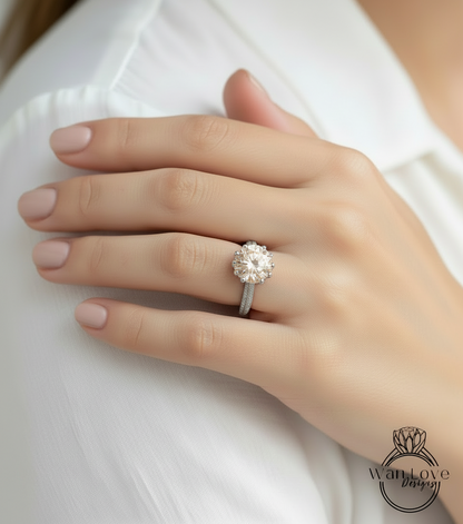 Anello di fidanzamento rotondo con diamante e moissanite champagne, fiore di loto, crema, floreale, personalizzato, matrimonio, oro giallo rosa bianco 14k 18k