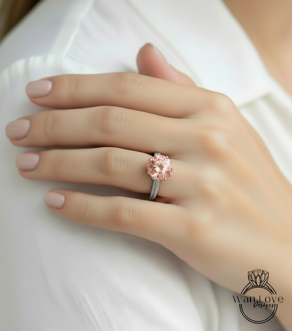 Round Cut Peach Sapphire Engagement Ring, 14k White Gold Diamond Lotus Flower Wedding Ring, Promise Bridal Anniversary Ring, Proposal Ring