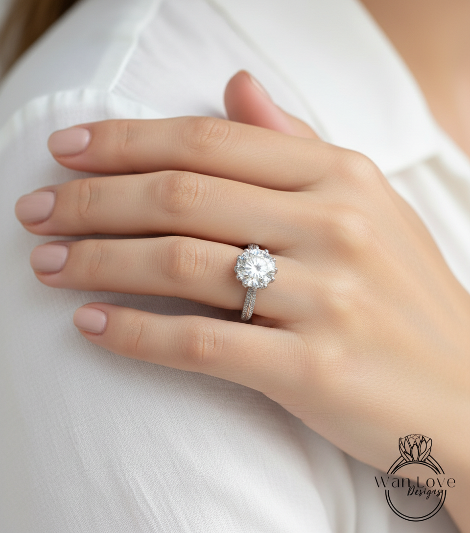 Lotus Flower Diamond & White Sapphire Engagement Ring, 2ct-8mm, 14k 18k White Yellow Rose Gold-Platinum-Custom made size-Wedding-Anniversary