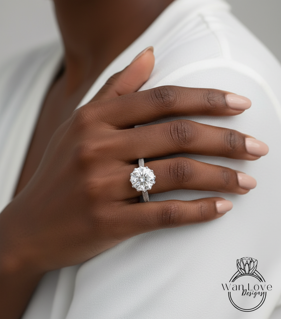 Lotus Flower Diamond & White Sapphire Engagement Ring, 2ct-8mm, 14k 18k White Yellow Rose Gold-Platinum-Custom made size-Wedding-Anniversary